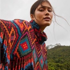 Farm Rio Rauti Beaded Fringe Tassel Turtleneck Sweater